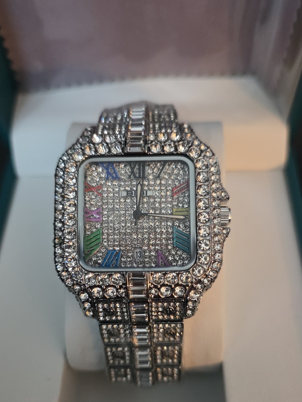 235.  BIBI Luxury Iced Out Gem-Set Square Silver Roman Dial Quartz Date Watch